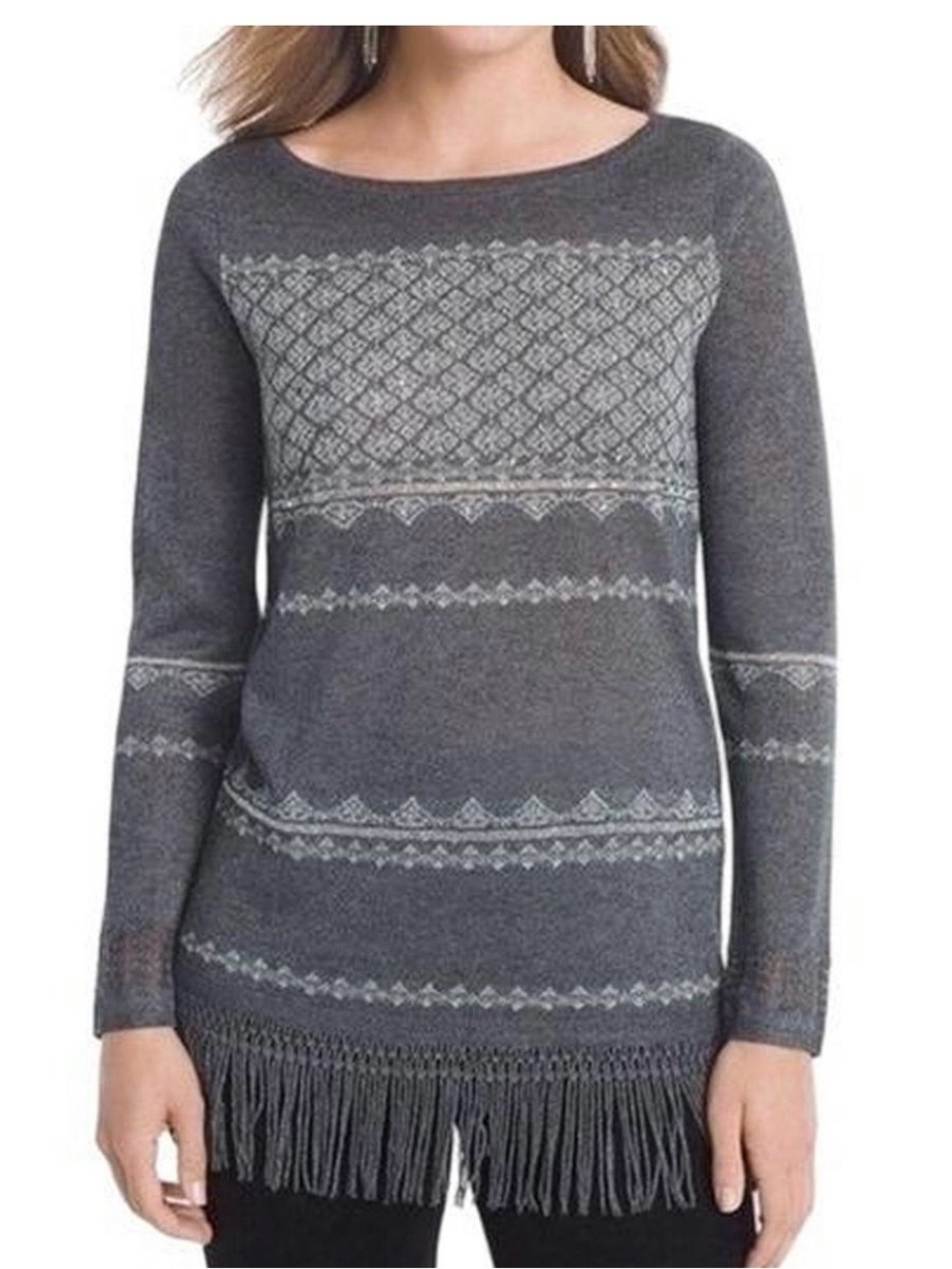 White House Black Market Gray Fair Isle Fringe Crewneck Sweater